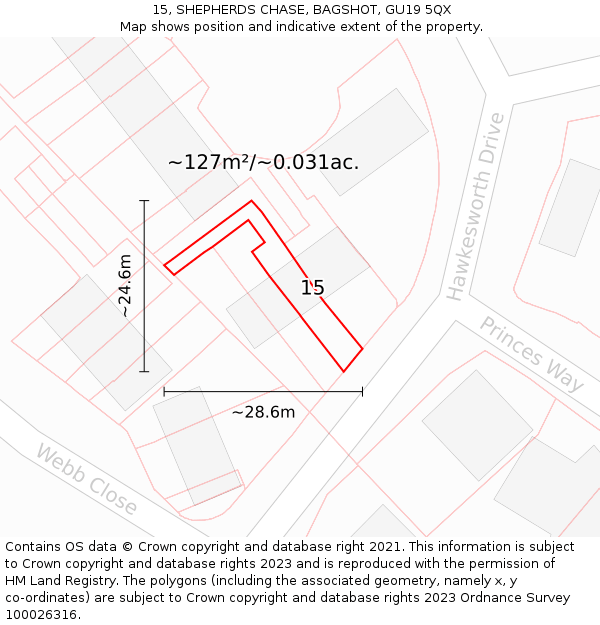 15, SHEPHERDS CHASE, BAGSHOT, GU19 5QX: Plot and title map