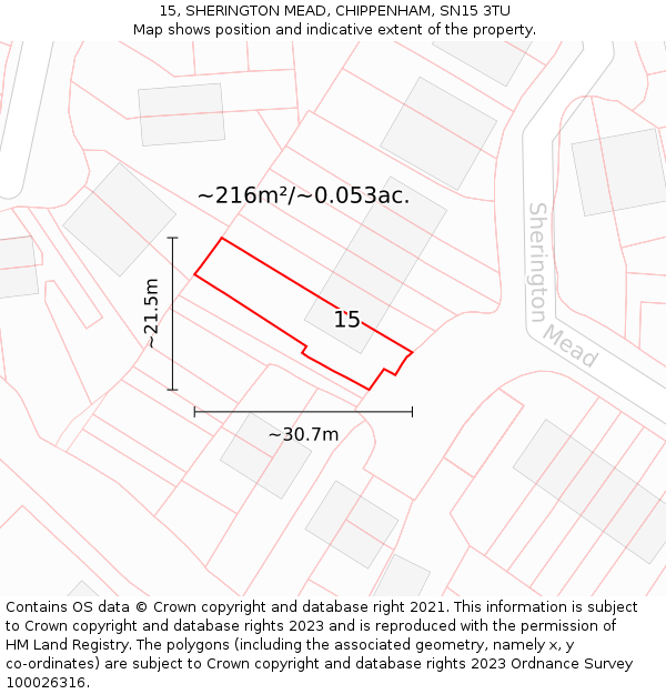 15, SHERINGTON MEAD, CHIPPENHAM, SN15 3TU: Plot and title map
