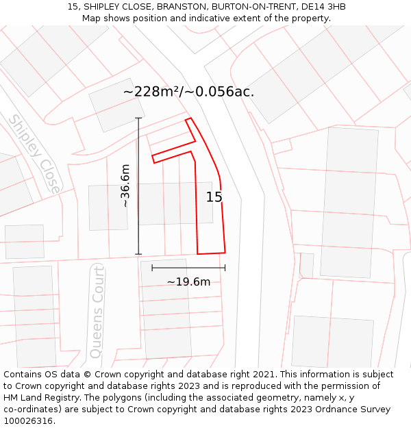 15, SHIPLEY CLOSE, BRANSTON, BURTON-ON-TRENT, DE14 3HB: Plot and title map
