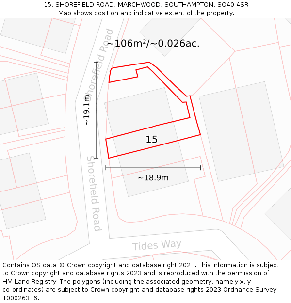 15, SHOREFIELD ROAD, MARCHWOOD, SOUTHAMPTON, SO40 4SR: Plot and title map