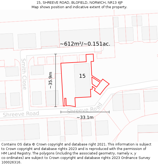 15, SHREEVE ROAD, BLOFIELD, NORWICH, NR13 4JP: Plot and title map