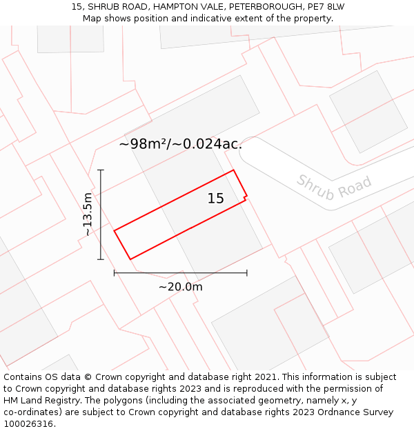 15, SHRUB ROAD, HAMPTON VALE, PETERBOROUGH, PE7 8LW: Plot and title map
