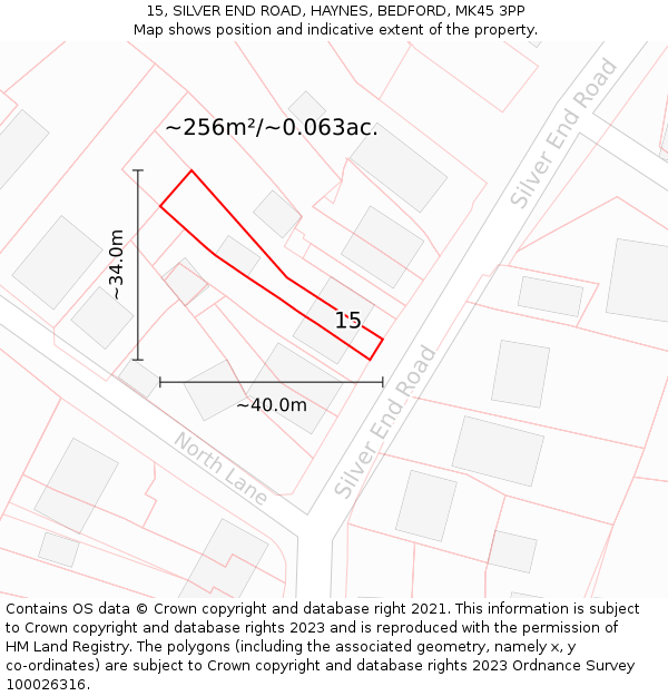 15, SILVER END ROAD, HAYNES, BEDFORD, MK45 3PP: Plot and title map