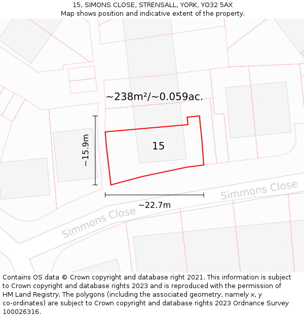 15, SIMONS CLOSE, STRENSALL, YORK, YO32 5AX: Plot and title map