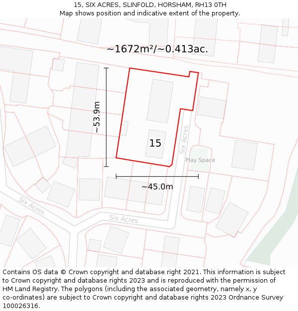 15, SIX ACRES, SLINFOLD, HORSHAM, RH13 0TH: Plot and title map