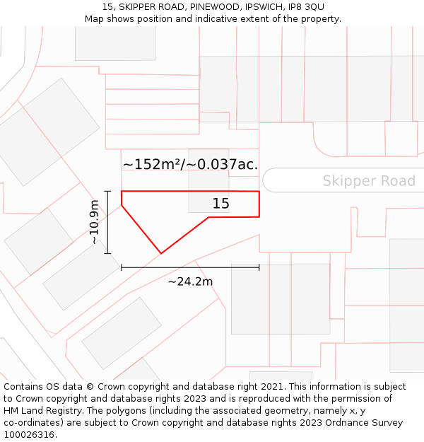 15, SKIPPER ROAD, PINEWOOD, IPSWICH, IP8 3QU: Plot and title map
