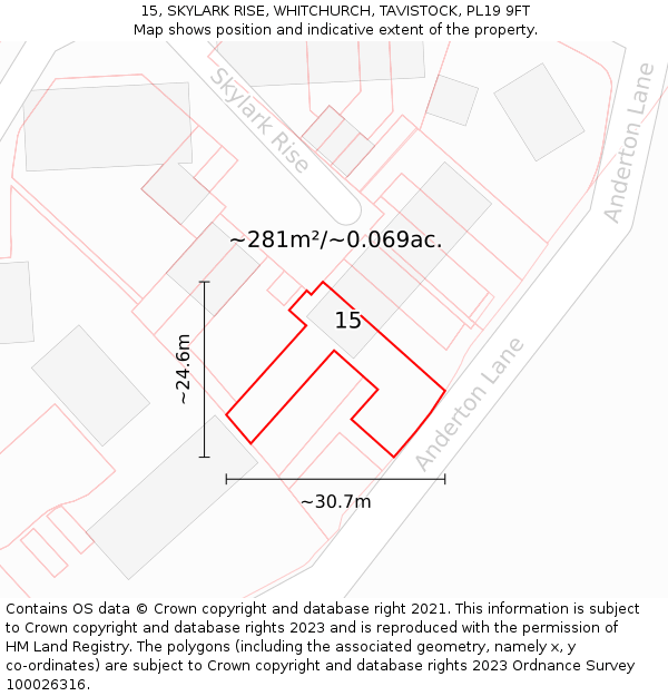 15, SKYLARK RISE, WHITCHURCH, TAVISTOCK, PL19 9FT: Plot and title map