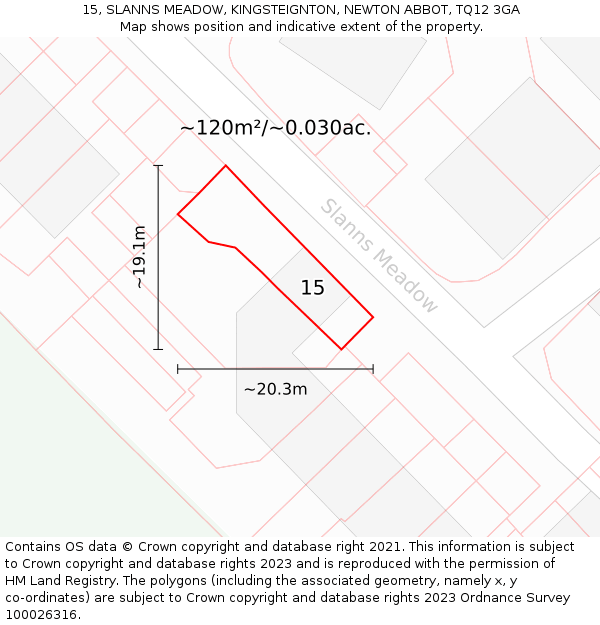 15, SLANNS MEADOW, KINGSTEIGNTON, NEWTON ABBOT, TQ12 3GA: Plot and title map