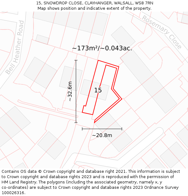 15, SNOWDROP CLOSE, CLAYHANGER, WALSALL, WS8 7RN: Plot and title map