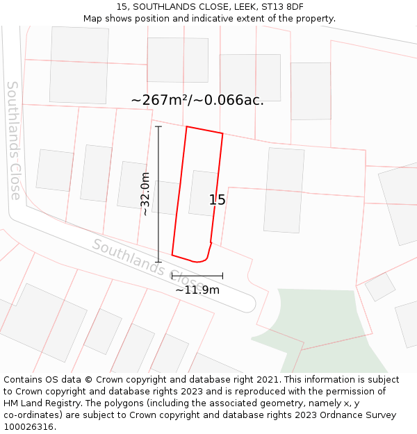 15, SOUTHLANDS CLOSE, LEEK, ST13 8DF: Plot and title map