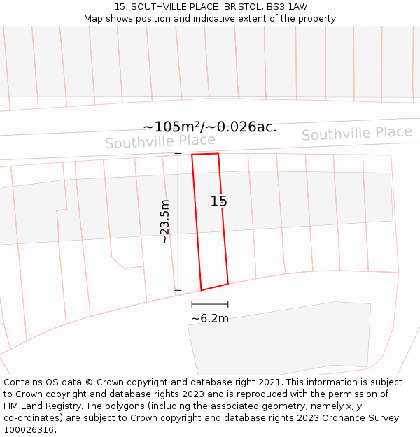 15, SOUTHVILLE PLACE, BRISTOL, BS3 1AW: Plot and title map