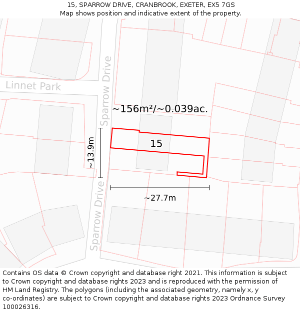 15, SPARROW DRIVE, CRANBROOK, EXETER, EX5 7GS: Plot and title map
