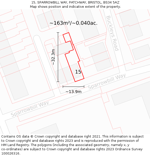 15, SPARROWBILL WAY, PATCHWAY, BRISTOL, BS34 5AZ: Plot and title map