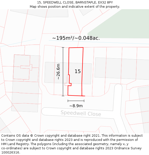 15, SPEEDWELL CLOSE, BARNSTAPLE, EX32 8PY: Plot and title map