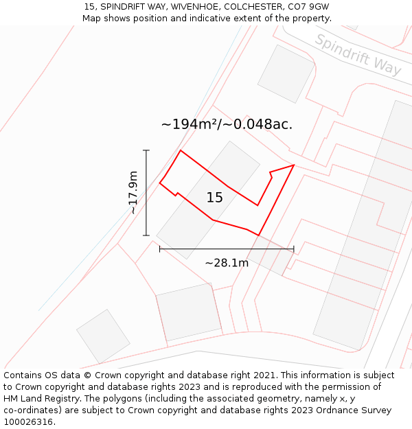 15, SPINDRIFT WAY, WIVENHOE, COLCHESTER, CO7 9GW: Plot and title map