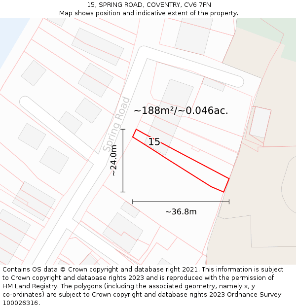 15, SPRING ROAD, COVENTRY, CV6 7FN: Plot and title map