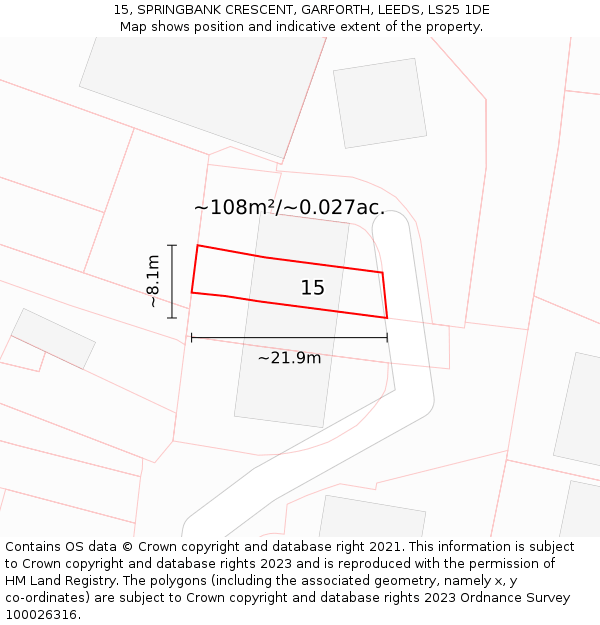 15, SPRINGBANK CRESCENT, GARFORTH, LEEDS, LS25 1DE: Plot and title map