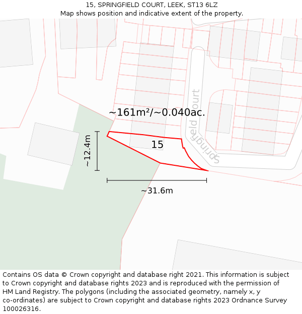 15, SPRINGFIELD COURT, LEEK, ST13 6LZ: Plot and title map