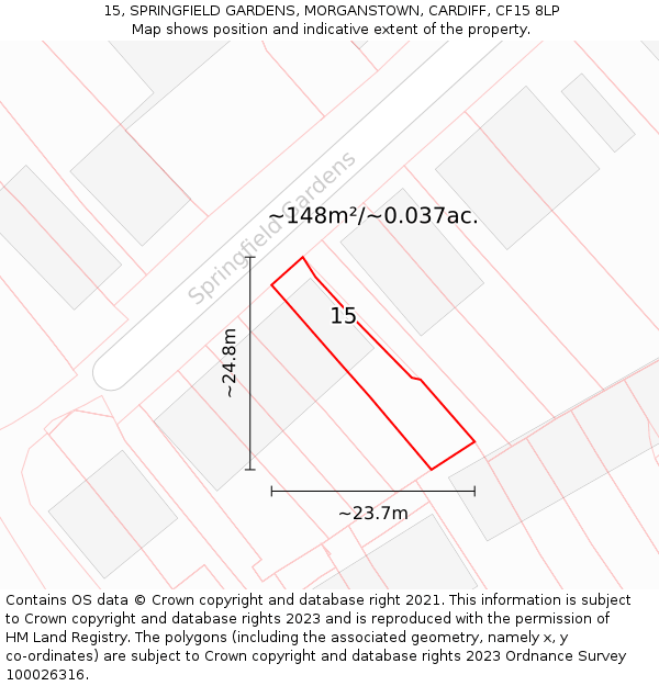 15, SPRINGFIELD GARDENS, MORGANSTOWN, CARDIFF, CF15 8LP: Plot and title map