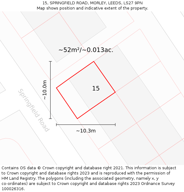 15, SPRINGFIELD ROAD, MORLEY, LEEDS, LS27 9PN: Plot and title map