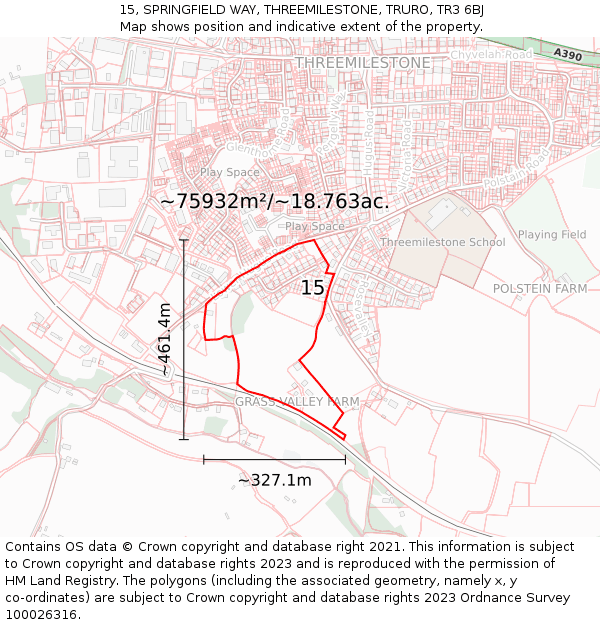 15, SPRINGFIELD WAY, THREEMILESTONE, TRURO, TR3 6BJ: Plot and title map