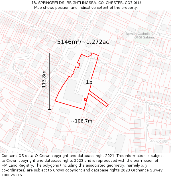 15, SPRINGFIELDS, BRIGHTLINGSEA, COLCHESTER, CO7 0LU: Plot and title map