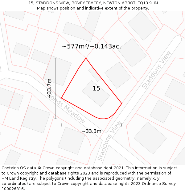 15, STADDONS VIEW, BOVEY TRACEY, NEWTON ABBOT, TQ13 9HN: Plot and title map