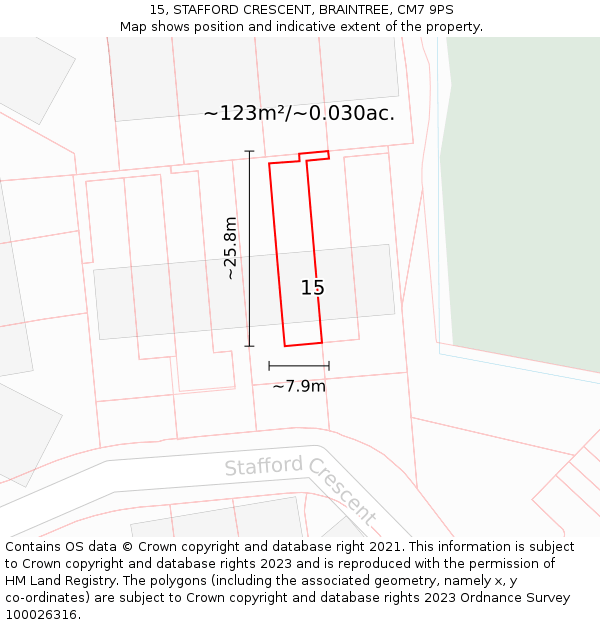 15, STAFFORD CRESCENT, BRAINTREE, CM7 9PS: Plot and title map
