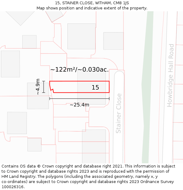 15, STAINER CLOSE, WITHAM, CM8 1JS: Plot and title map