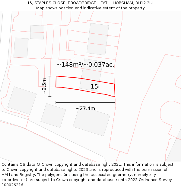 15, STAPLES CLOSE, BROADBRIDGE HEATH, HORSHAM, RH12 3UL: Plot and title map