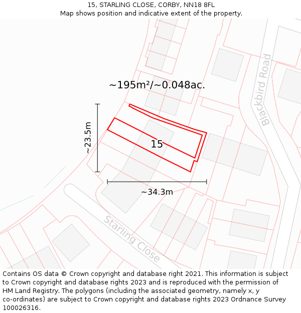 15, STARLING CLOSE, CORBY, NN18 8FL: Plot and title map