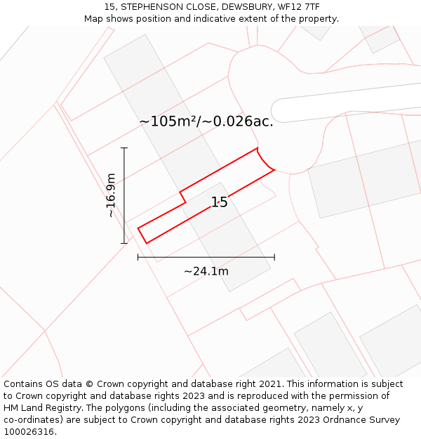 15, STEPHENSON CLOSE, DEWSBURY, WF12 7TF: Plot and title map