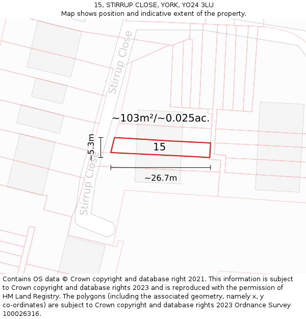 15, STIRRUP CLOSE, YORK, YO24 3LU: Plot and title map