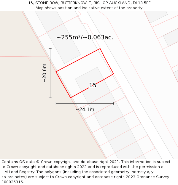 15, STONE ROW, BUTTERKNOWLE, BISHOP AUCKLAND, DL13 5PF: Plot and title map