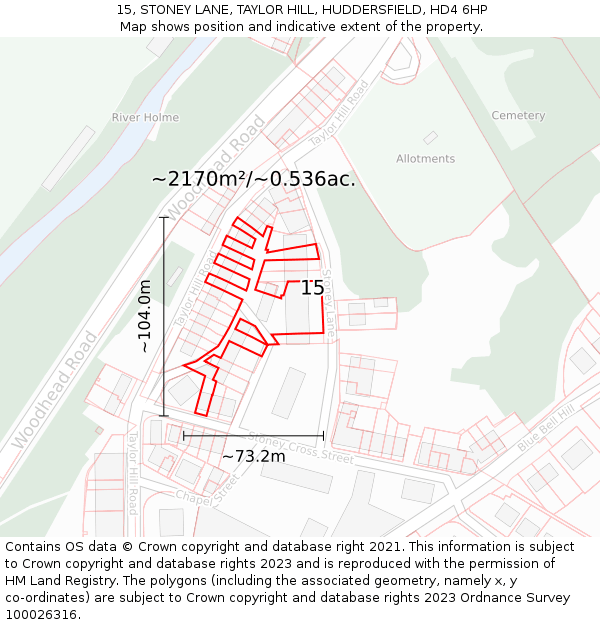 15, STONEY LANE, TAYLOR HILL, HUDDERSFIELD, HD4 6HP: Plot and title map
