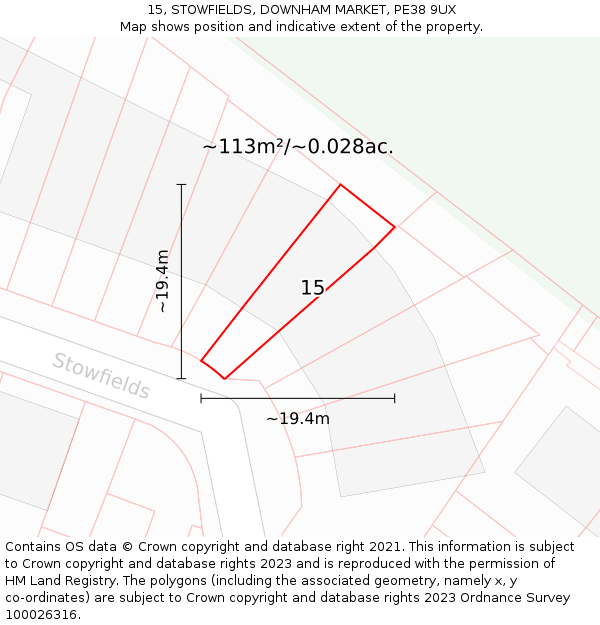 15, STOWFIELDS, DOWNHAM MARKET, PE38 9UX: Plot and title map