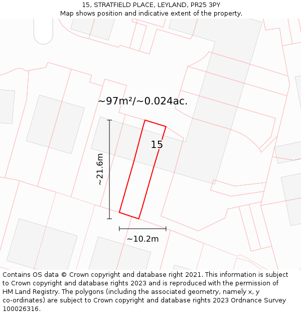 15, STRATFIELD PLACE, LEYLAND, PR25 3PY: Plot and title map