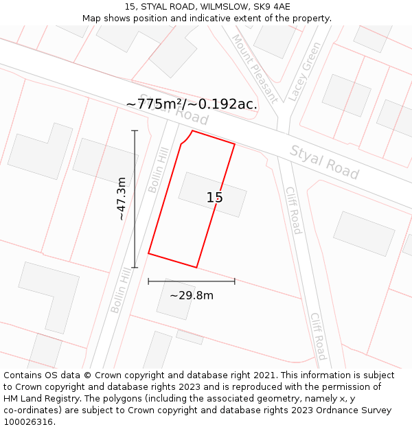 15, STYAL ROAD, WILMSLOW, SK9 4AE: Plot and title map