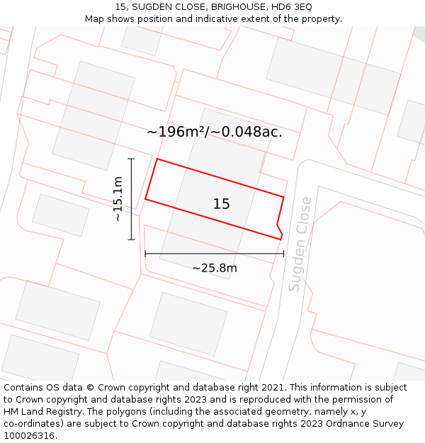 15, SUGDEN CLOSE, BRIGHOUSE, HD6 3EQ: Plot and title map