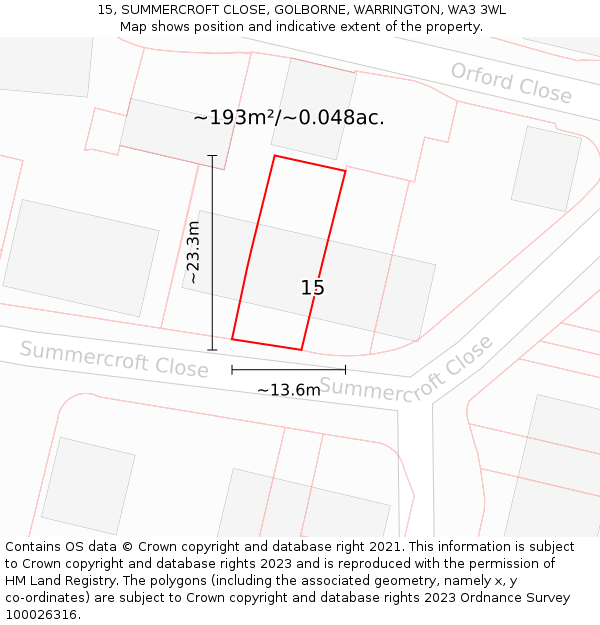 15, SUMMERCROFT CLOSE, GOLBORNE, WARRINGTON, WA3 3WL: Plot and title map