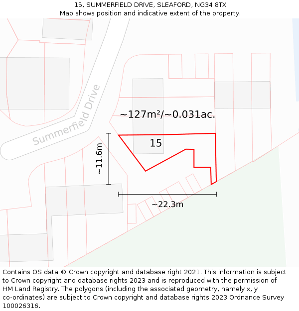 15, SUMMERFIELD DRIVE, SLEAFORD, NG34 8TX: Plot and title map
