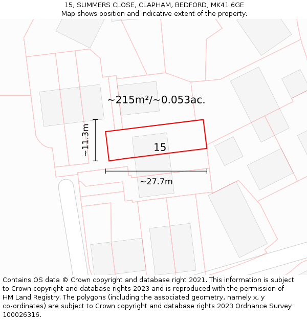 15, SUMMERS CLOSE, CLAPHAM, BEDFORD, MK41 6GE: Plot and title map