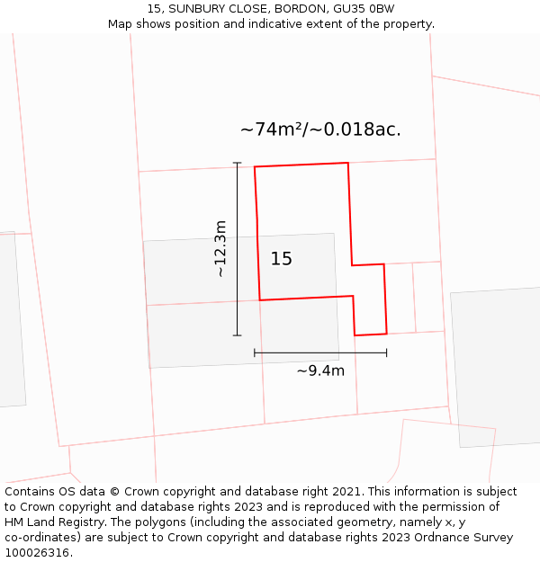 15, SUNBURY CLOSE, BORDON, GU35 0BW: Plot and title map