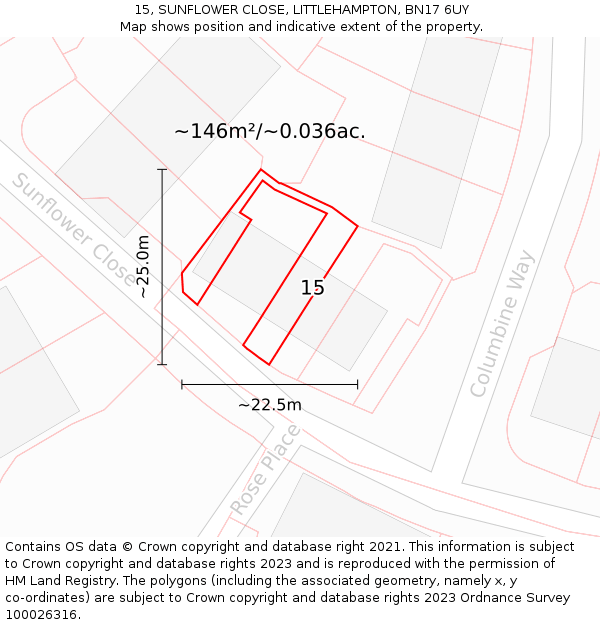 15, SUNFLOWER CLOSE, LITTLEHAMPTON, BN17 6UY: Plot and title map