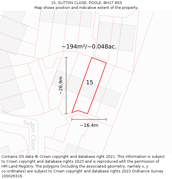 15, SUTTON CLOSE, POOLE, BH17 8SS: Plot and title map
