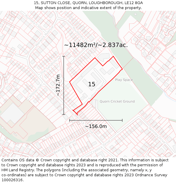 15, SUTTON CLOSE, QUORN, LOUGHBOROUGH, LE12 8GA: Plot and title map