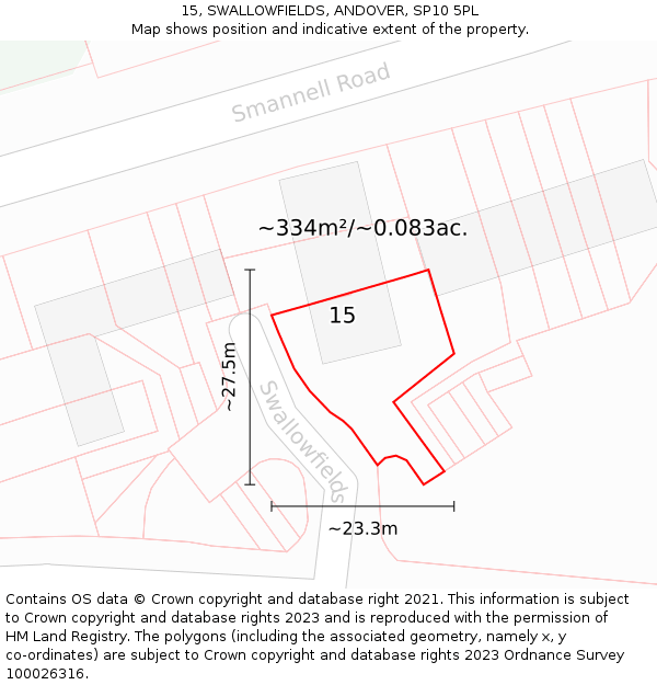 15, SWALLOWFIELDS, ANDOVER, SP10 5PL: Plot and title map