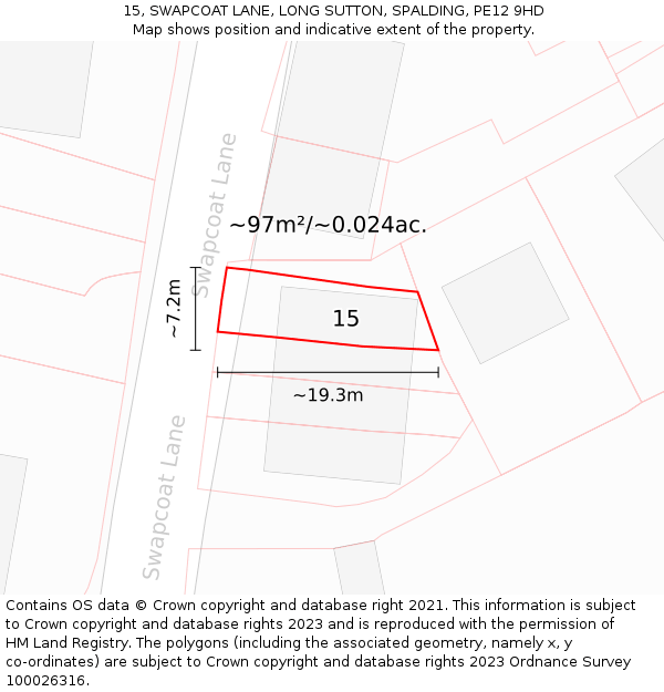 15, SWAPCOAT LANE, LONG SUTTON, SPALDING, PE12 9HD: Plot and title map
