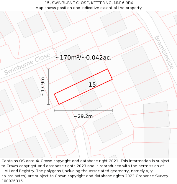 15, SWINBURNE CLOSE, KETTERING, NN16 9BX: Plot and title map