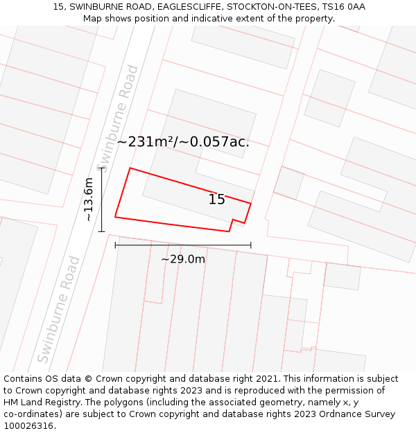 15, SWINBURNE ROAD, EAGLESCLIFFE, STOCKTON-ON-TEES, TS16 0AA: Plot and title map